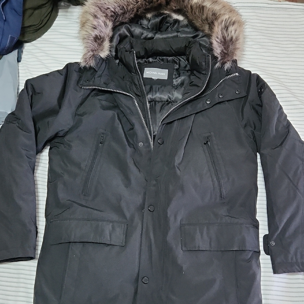 Michael Kors Black Parka Coat with Faux Fur Trim